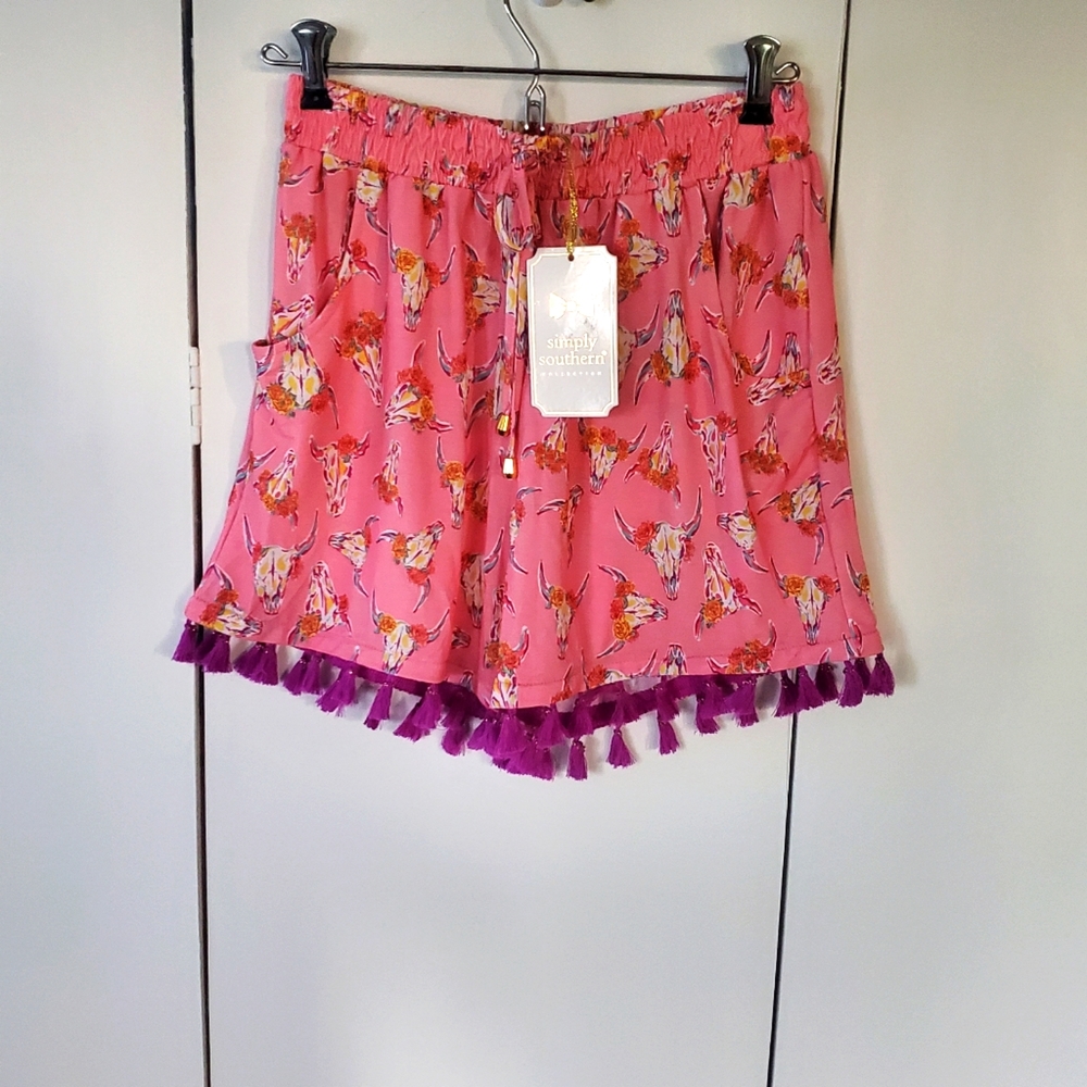 Simply Southern Steer Skull and Horns Tassel Shorts